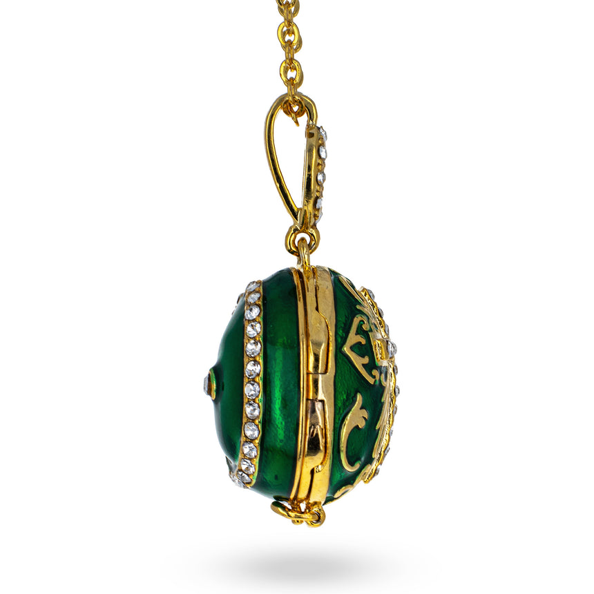 Green Brass 50 Crystals Triptych Icons Royal Egg Pendant Necklace ,dimensions in inches: 20 x 20 x 0.6