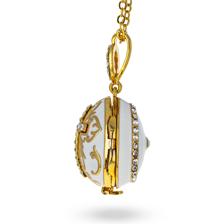 White Brass 50 Crystals Triptych Icons Royal Egg Pendant Necklace ,dimensions in inches: 20 x 1.02 x 0.7