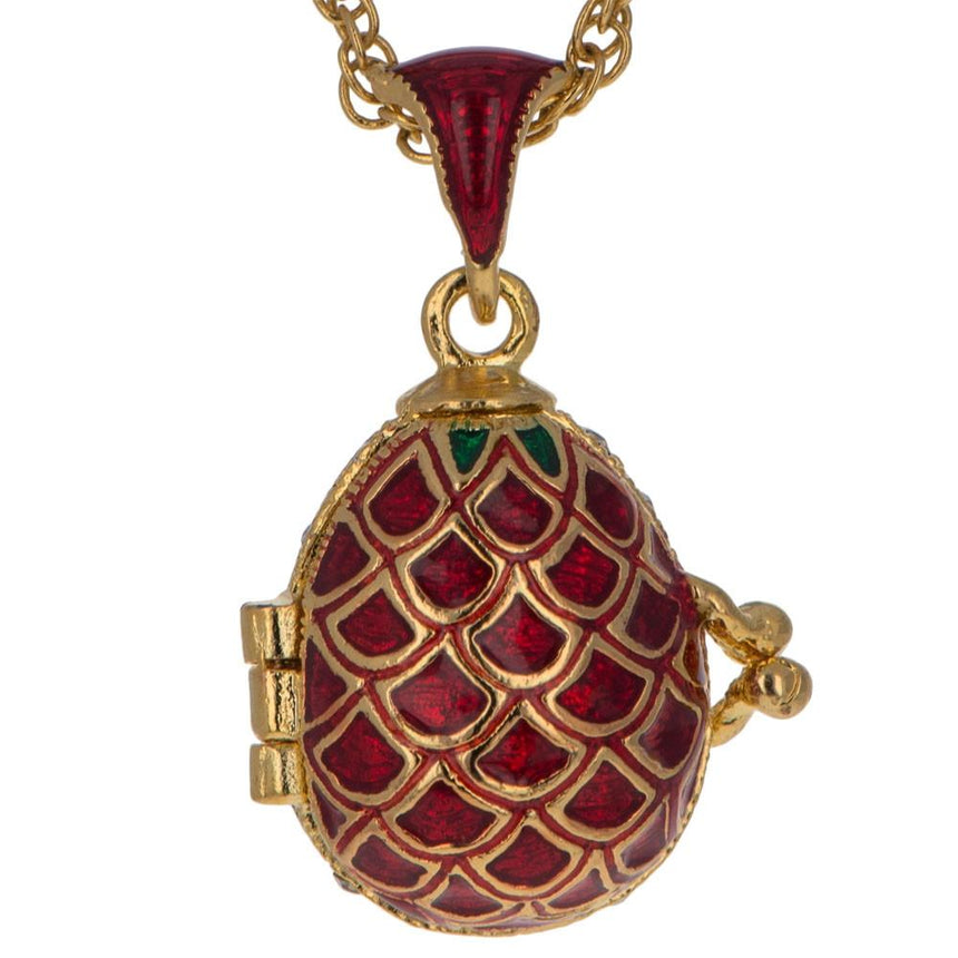 Lattice on Red Enamel with Heart Charm Royal Egg Pendant Necklace ,dimensions in inches: 20 x 0.75 x 0.5