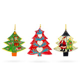 Wood Set of 3 Santa and Christmas Trees Wooden Christmas Ornaments in Multi color Triangle