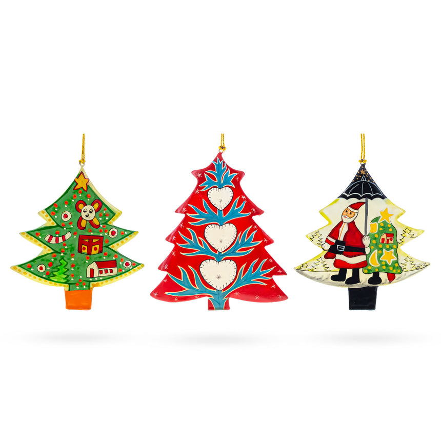 Wood Set of 3 Santa and Christmas Trees Wooden Christmas Ornaments in Multi color Triangle