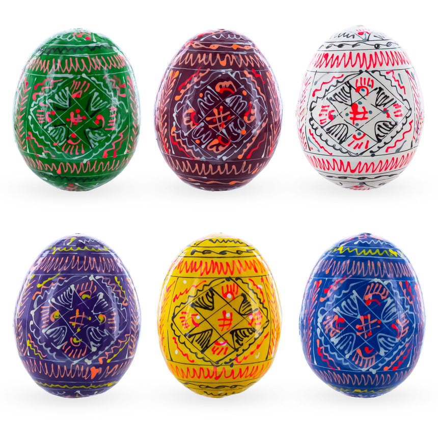 Wood 6 Basic Geometric Ukrainian Wooden Easter Eggs Pysanky in Multi color Oval