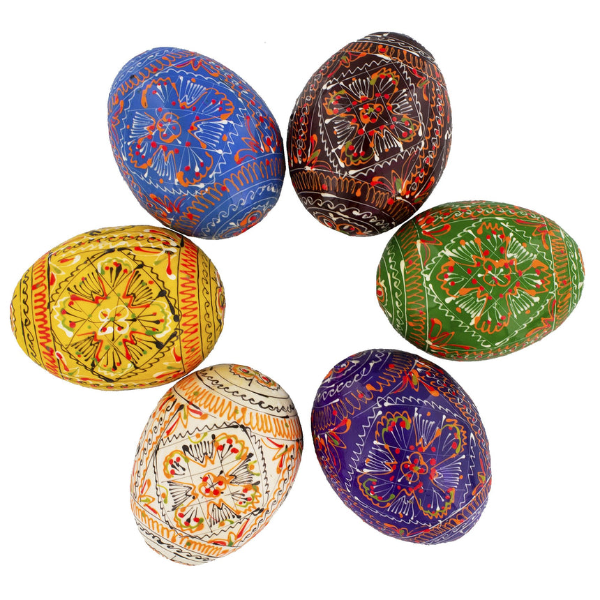 Wood 6 Basic Geometric Ukrainian Wooden Easter Eggs Pysanky in Multi color Oval